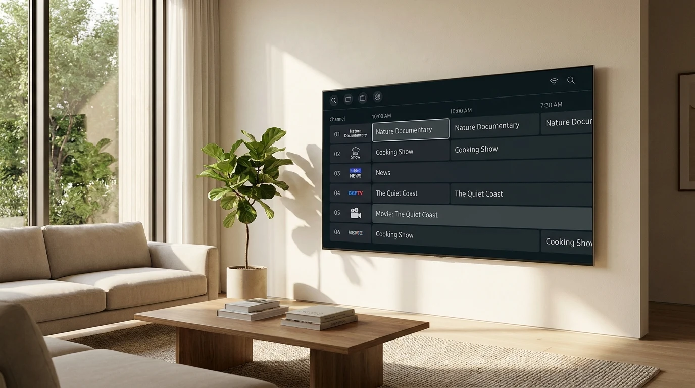 Interface de app de streaming em Smart TV Samsung com grade de canais visível