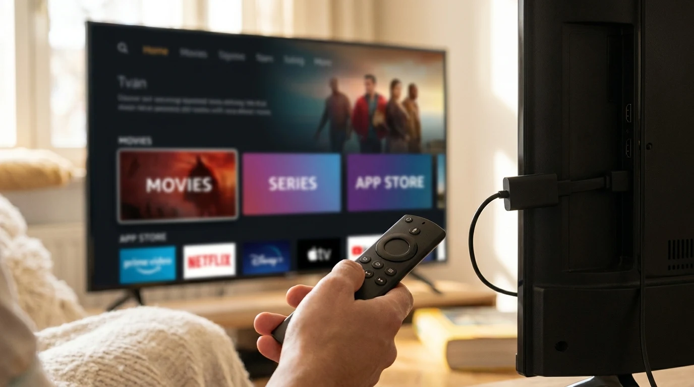 Amazon Fire TV Stick conectado em TV com controle remoto na mão