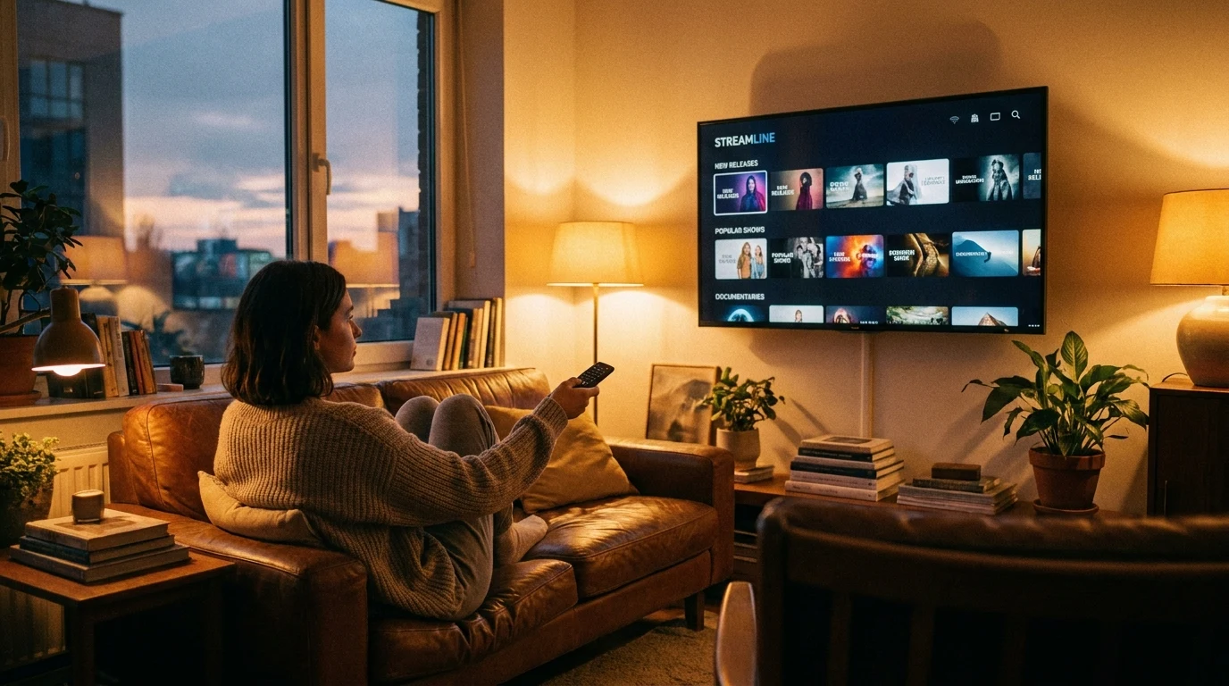 Pessoa usando controle remoto em Smart TV com app de streaming aberto na tela