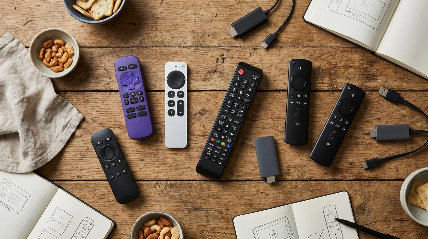 Controles remotos e dispositivos de streaming usados nos testes editoriais do Apps Guia